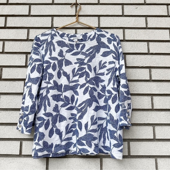 Chico’s Cotton Slub Leaf Print 3/4 Sleeve Button Tee Blue White - Picture 4 of 13